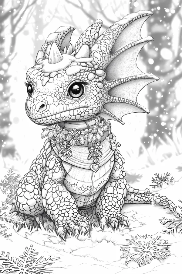 Cute little winter dragon, fantasy cartoon style — free printable snow scene coloring book page