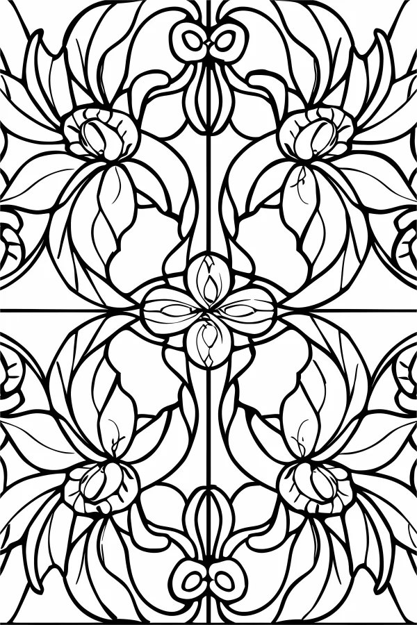 Symmetrical floral patterns, art nouveau style — free printable symmetry coloring book page