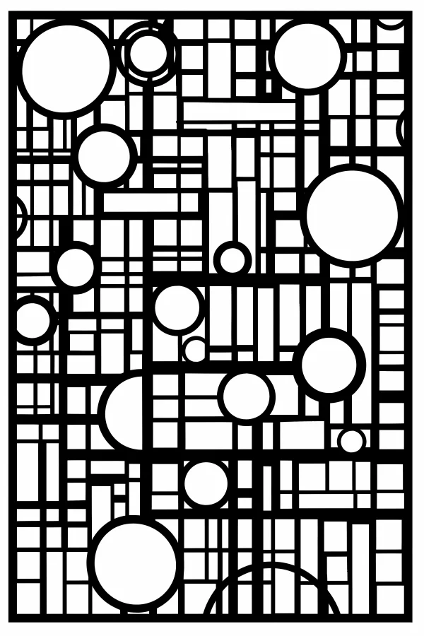 Geometric composition with circles and grid lines, abstract minimalist style — free printable abstract theme coloring book page