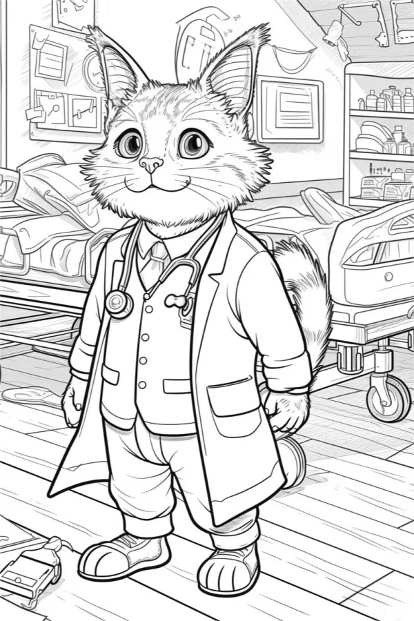 Anthropomorphic cat doctor in white coat with stethoscope, cartoon style — free printable occupation coloring book page