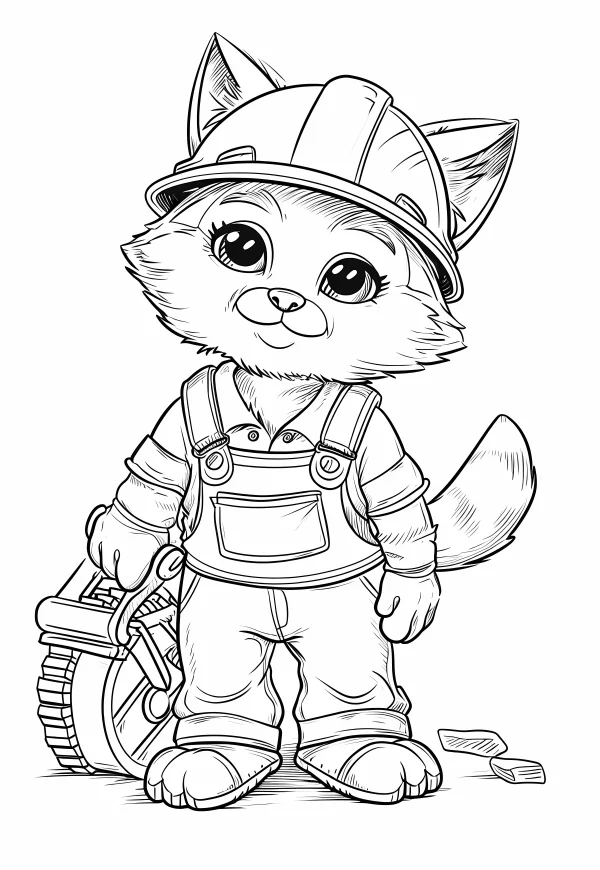 Cartoon cat dressed as construction worker, wearing hard hat and overalls — free printable occupation coloring book page
