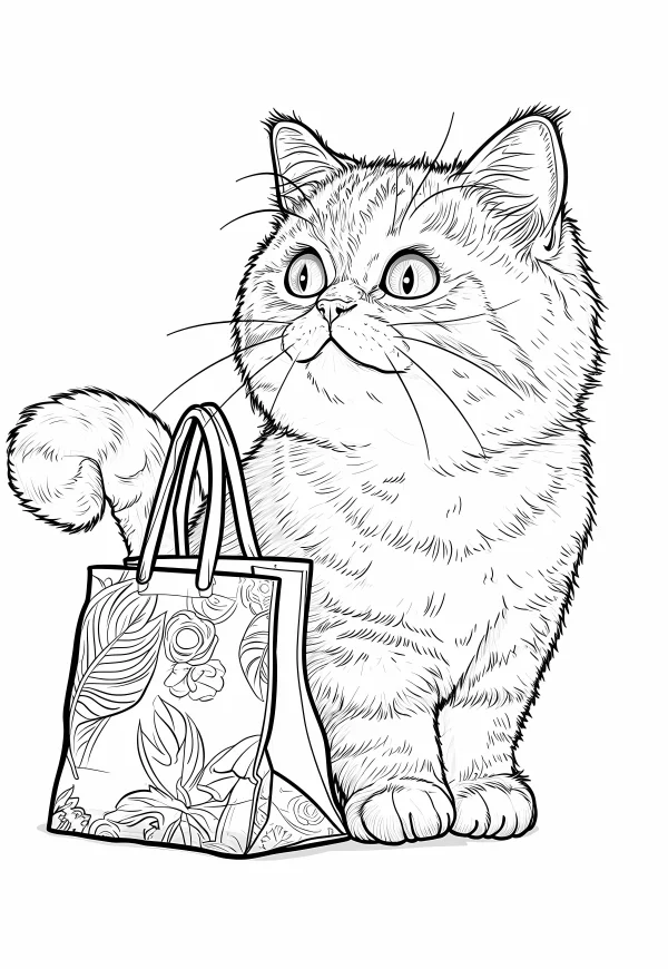 Cute cat holding a floral-patterned tote bag, cartoon style — free printable shopping coloring book page
