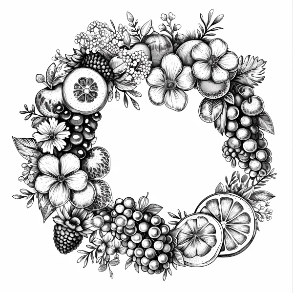 Floral and fruit wreath, realistic illustration style — free printable fruit coloring book page