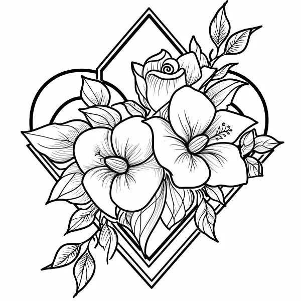 Framed floral arrangement with rose and broad-leaf flowers, decorative art style — free printable decorative art coloring book page