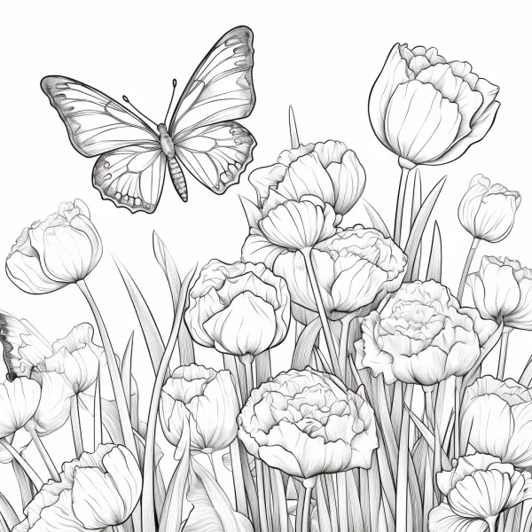 Tulips and butterflies, realistic sketch style — free printable animal theme coloring book page