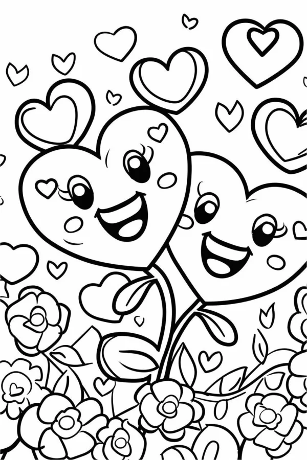 Cute anthropomorphic smiling hearts, cartoon style — free printable valentine's day coloring book page
