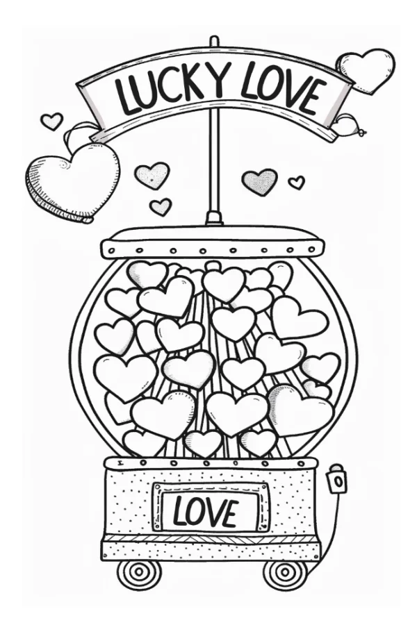 Gumball machine filled with hearts, cartoon style — free printable valentine's day coloring book page