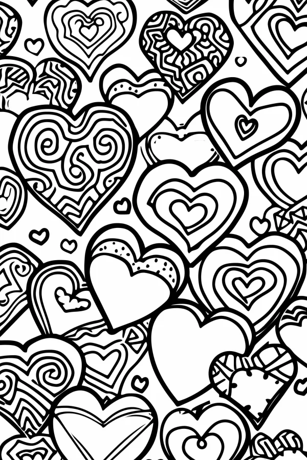Collection of decorative hearts with spiral and curve patterns, fine smooth outlines — free printable valentine's day coloring book page