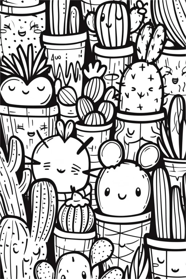 Dense group of anthropomorphic cartoon cacti and succulents in decorated pots, cute facial expressions — free printable cartoon coloring book page