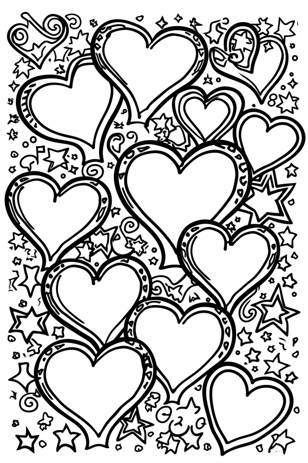Collection of decorative hearts, decorative art style — free printable valentine's day coloring book page