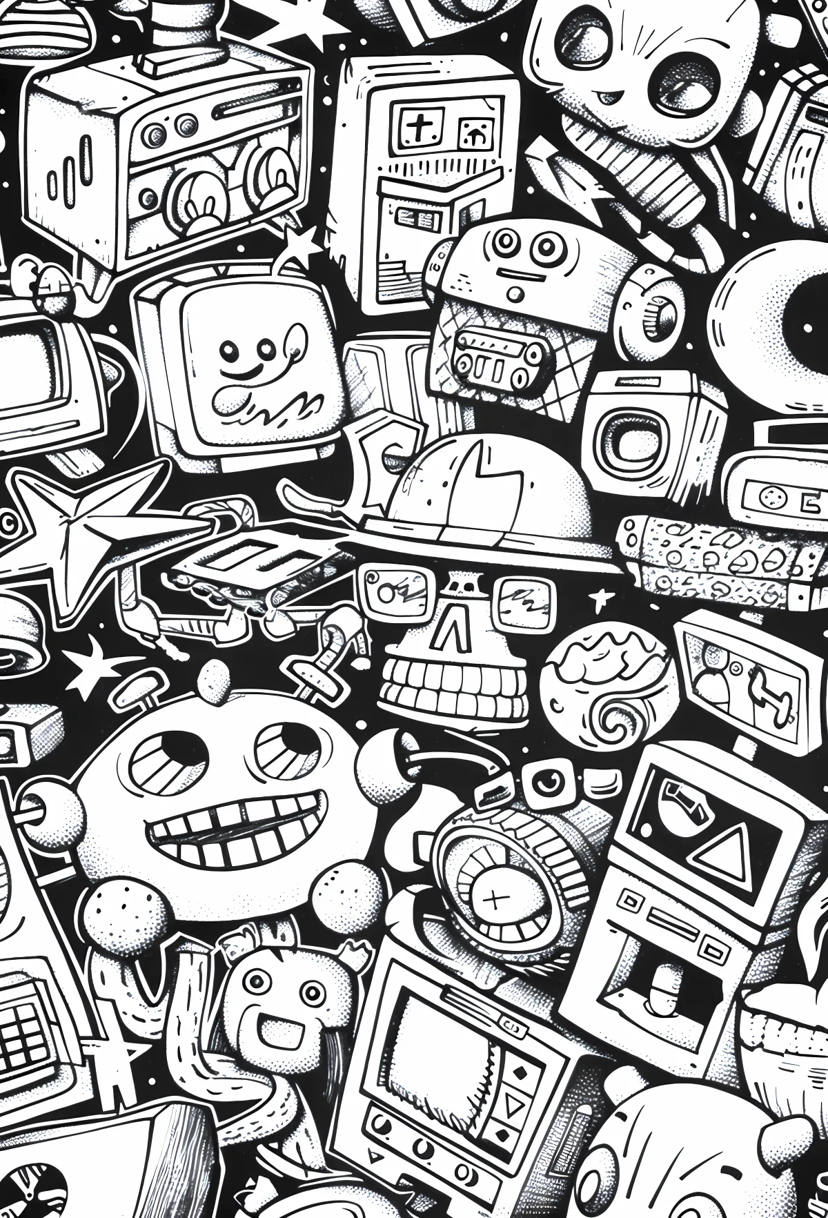 Collection of retro cartoon electronic devices and cute cartoon characters, cartoon retro style — cartoon style — highly detailed — line art coloring page — for kids and adults of all ages