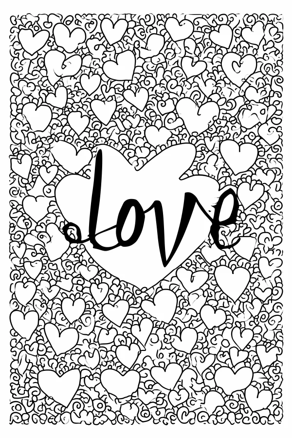Large heart with hand-drawn 'love' typography, surrounded by numerous small hearts and curly spiral decorative patterns — free printable valentine's day coloring book page
