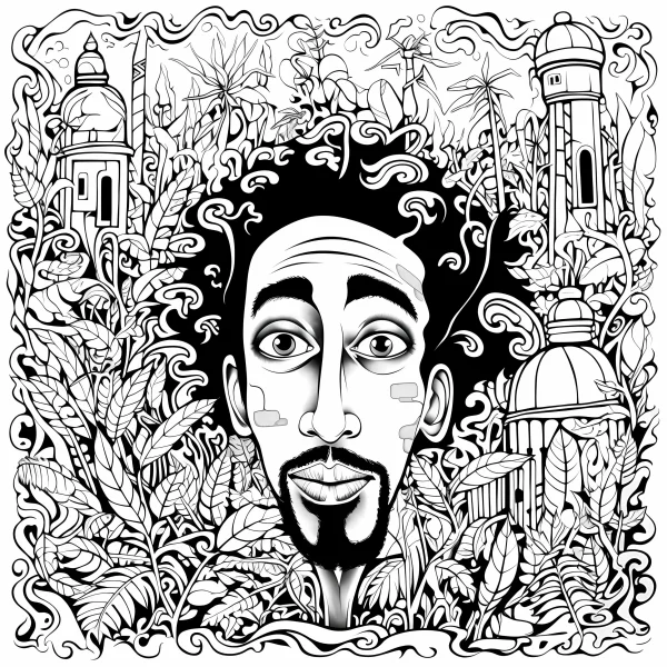 Fantasy style male character, surrounded by intricate plants and whimsical dome-topped towers — free printable scenes coloring book page