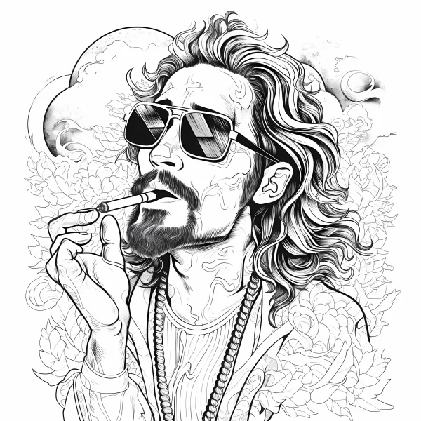 Retro long-haired man with sunglasses smoking a cigarette, realistic sketch style — free printable life theme coloring book page