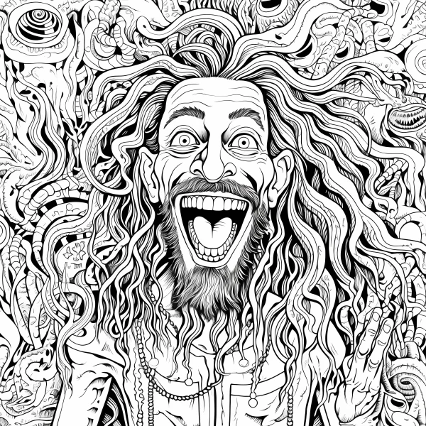 Weird laughing man with long hair and beard, surreal art style — free printable surreal coloring book page