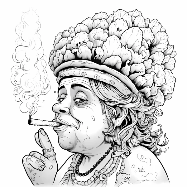 Chubby woman wearing large flower crown smoking a cigarette, cartoon style — free printable life theme coloring book page