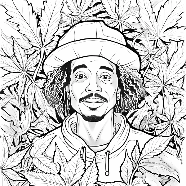 Hip-hop style man surrounded by cannabis leaves, cartoon illustration — free printable hip hop culture coloring book page
