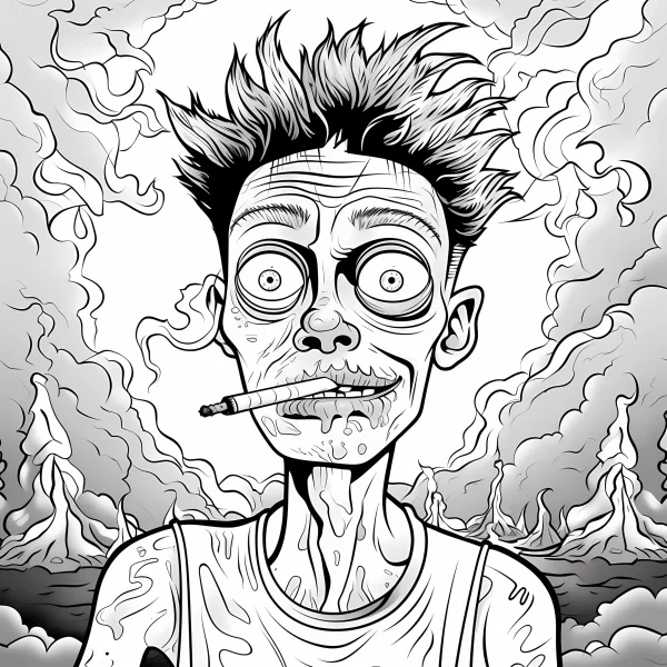 Crazy horror man with cigarette, cartoon horror style — free printable apocalypse coloring book page