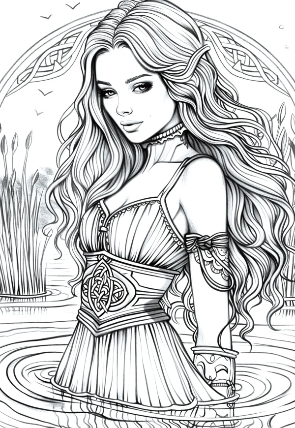 Celtic style elf woman standing in water, fantasy art — free printable celtic culture coloring book page