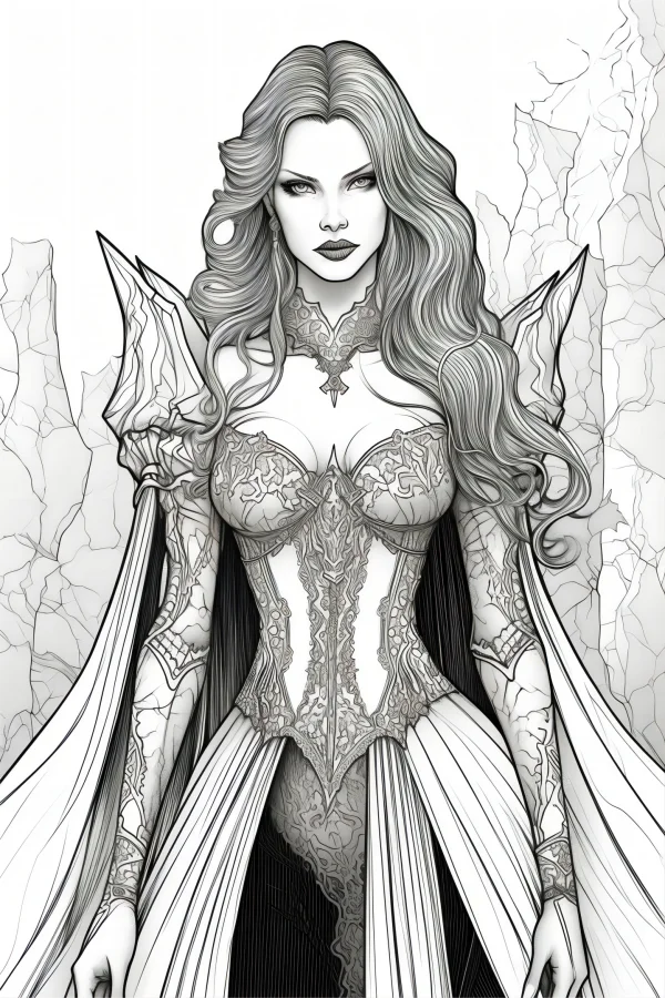 Gothic dark queen with long curly hair, gothic fantasy art style — free printable gothic coloring book page