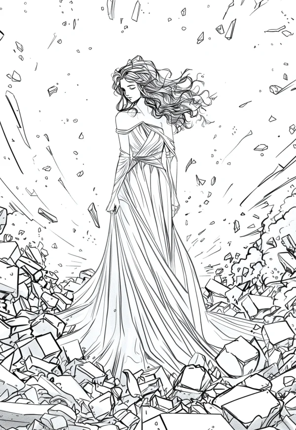 Long-dress woman standing in ruins, fantasy illustration style — free printable disaster scene coloring book page
