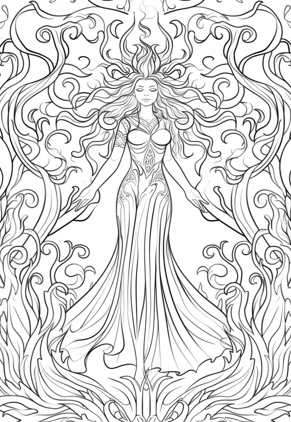 Magical nature goddess surrounded by swirling vines, art nouveau style — free printable magic coloring book page