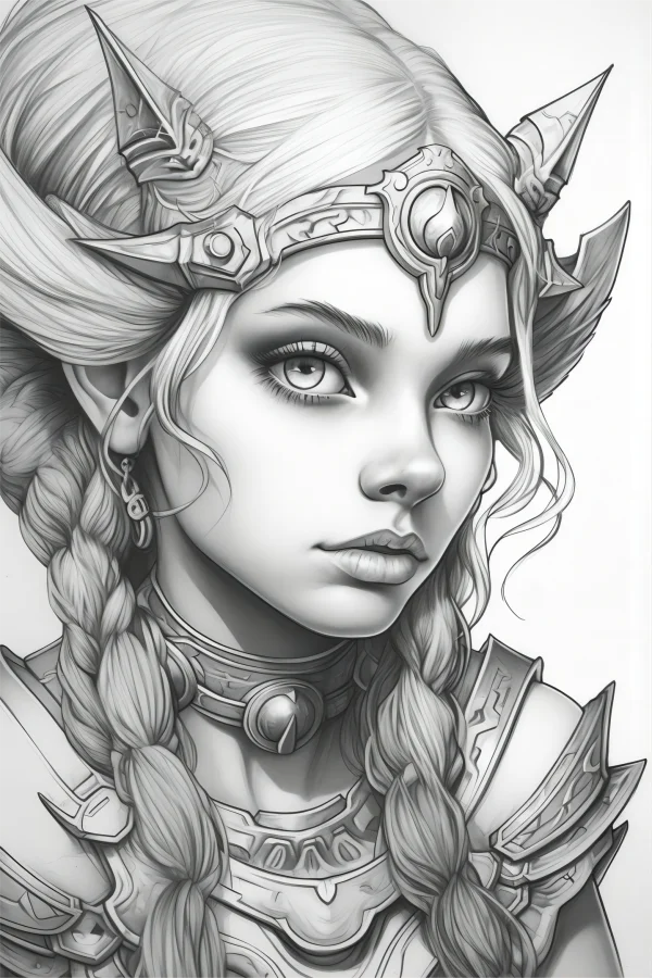 Elf female warrior with braided hair, fantasy style — free printable warrior coloring book page