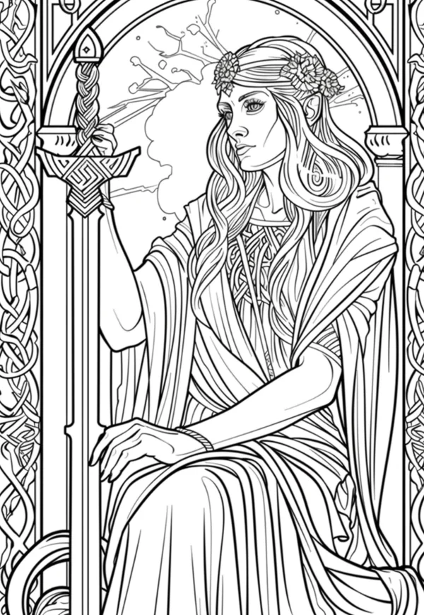 Sword-wielding celtic elf female warrior, celtic knotwork and art nouveau style — free printable celtic culture coloring book page