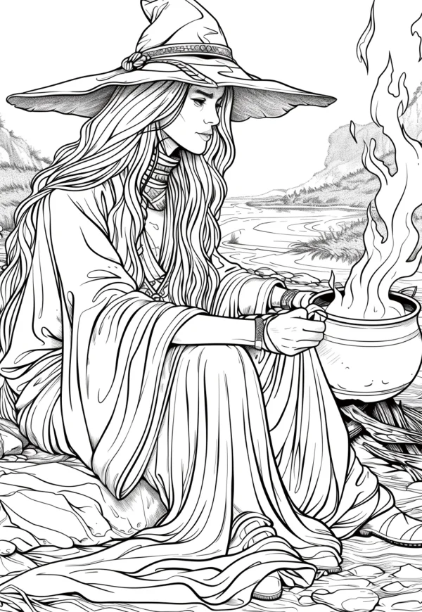 Witch brewing by a magical cauldron with fire, fantasy style — free printable magic coloring book page