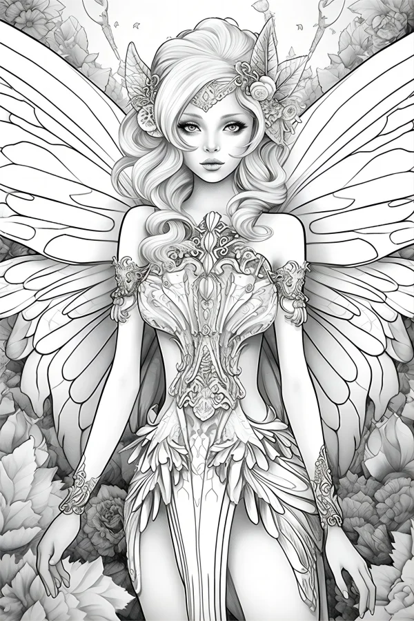 Ornate winged fairy with floral decorations, fantasy art nouveau style — free printable elves coloring book page