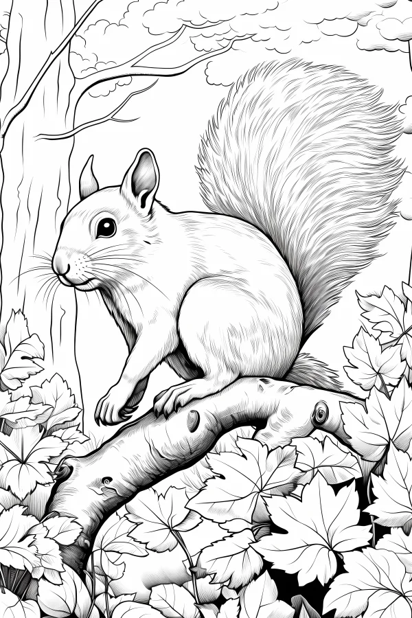 Cute squirrel sitting on tree branch, surrounded by maple leaves and forest elements — free printable autumn coloring book page