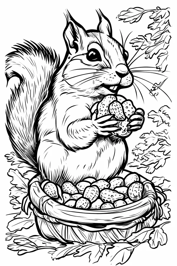 Squirrel holding nuts standing in a woven basket full of nuts, cartoon style — free printable autumn coloring book page