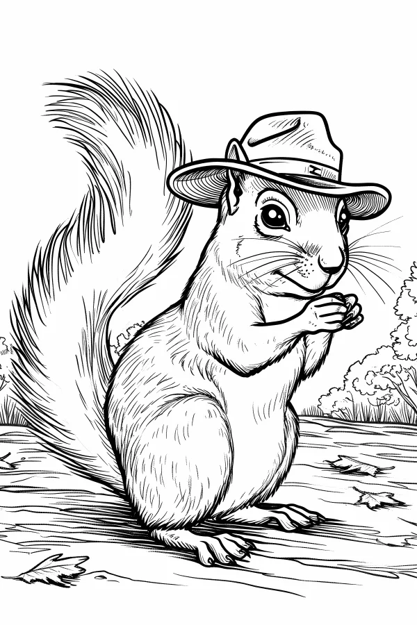 Squirrel wearing a wide-brimmed hat, cartoon style — free printable autumn coloring book page