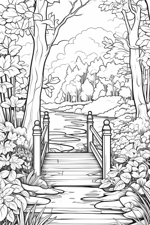 Wooden bridge over stream in forest, realistic line art style — free printable river coloring book page
