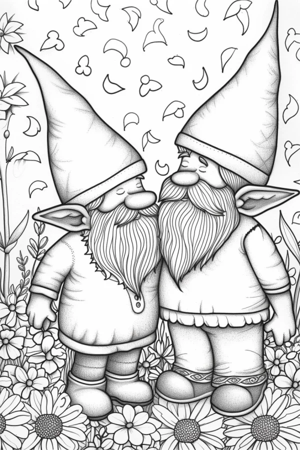 Two friendly intimate gnome companions with long beards and pointy cone hats, standing among blooming sunflowers and falling petals — free printable friendship coloring book page