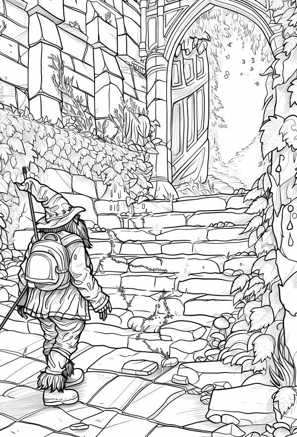 Wizard with backpack and magic staff, fantasy fairy tale style — free printable adventure coloring book page