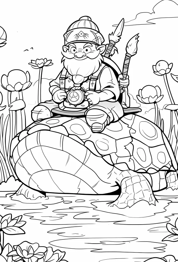 Dwarf riding a giant turtle, cartoon style — free printable adventure coloring book page