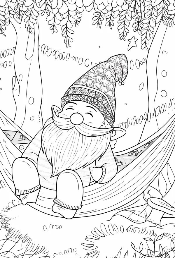 Cute gnome resting in hammock, cartoon style — free printable leisure coloring book page