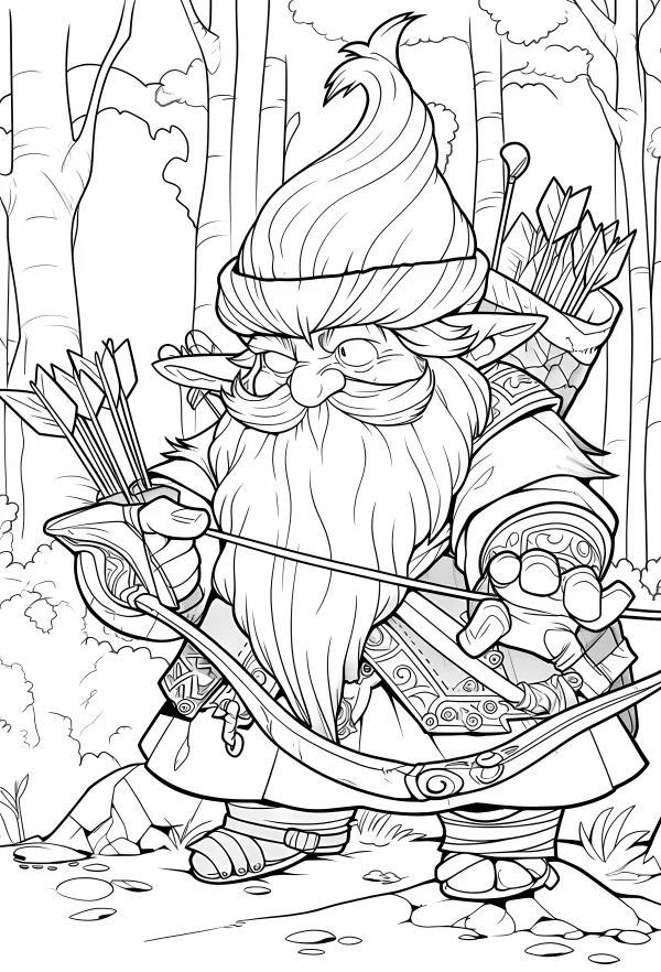 Gnome elf archer holding bow and arrow, cartoon style — free printable adventure coloring book page