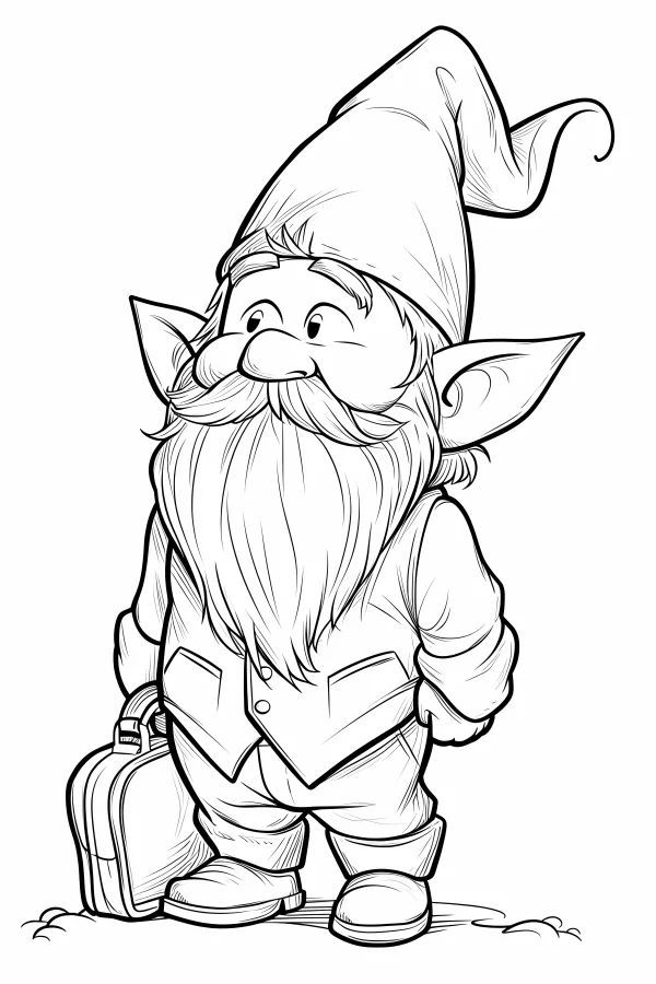 Cute gnome holding a briefcase, cartoon style — free printable work coloring book page
