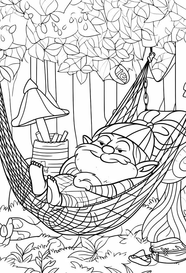 A gnome sleeping lazily in a hammock in a forest, cartoon style — free printable leisure life coloring book page