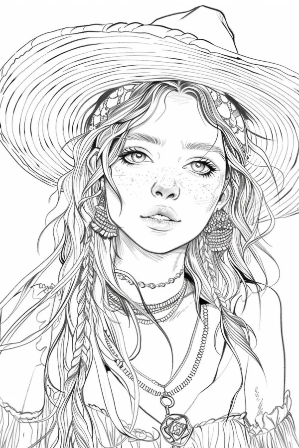 Bohemian style girl with wide-brimmed straw hat, braided curly hair — free printable bohemian coloring book page