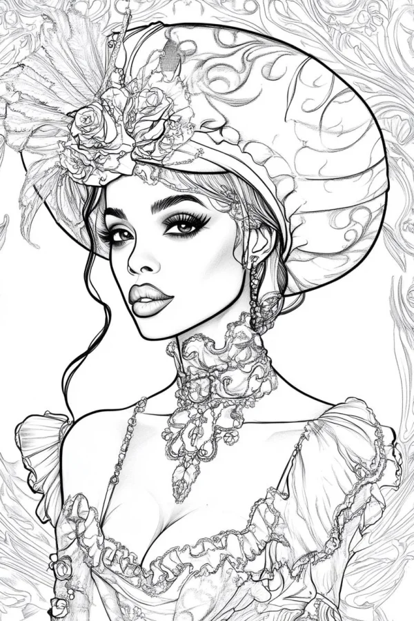 Vintage rococo style noble girl, wearing wide-brimmed hat adorned with roses and feathers — free printable court coloring book page
