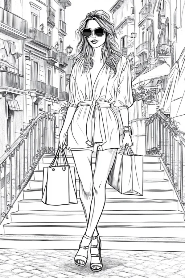 Fashionable woman holding shopping bags, walking down stairs in european urban street — free printable shopping coloring book page