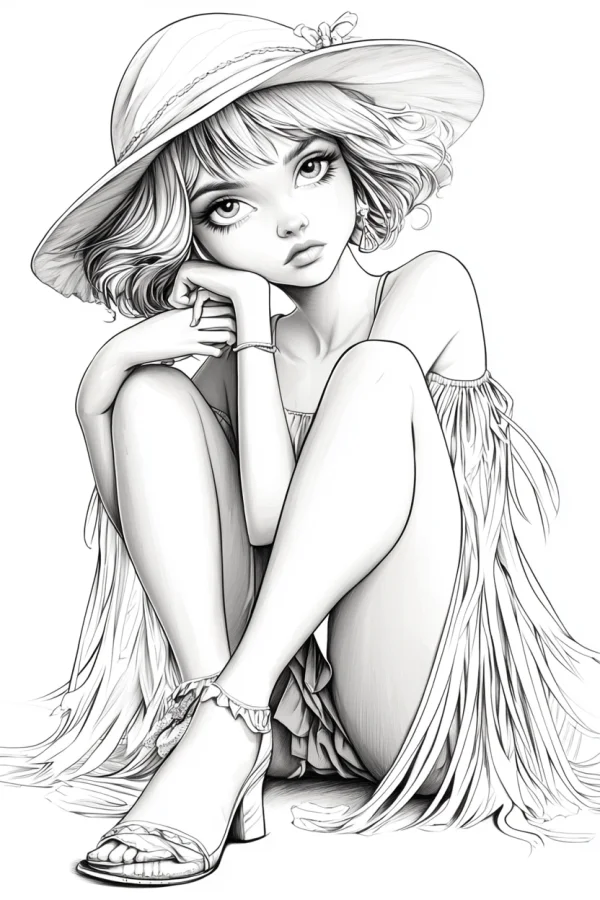 Cute girl wearing wide-brimmed hat and tassel off-shoulder top, sitting with crossed legs — free printable life theme coloring book page