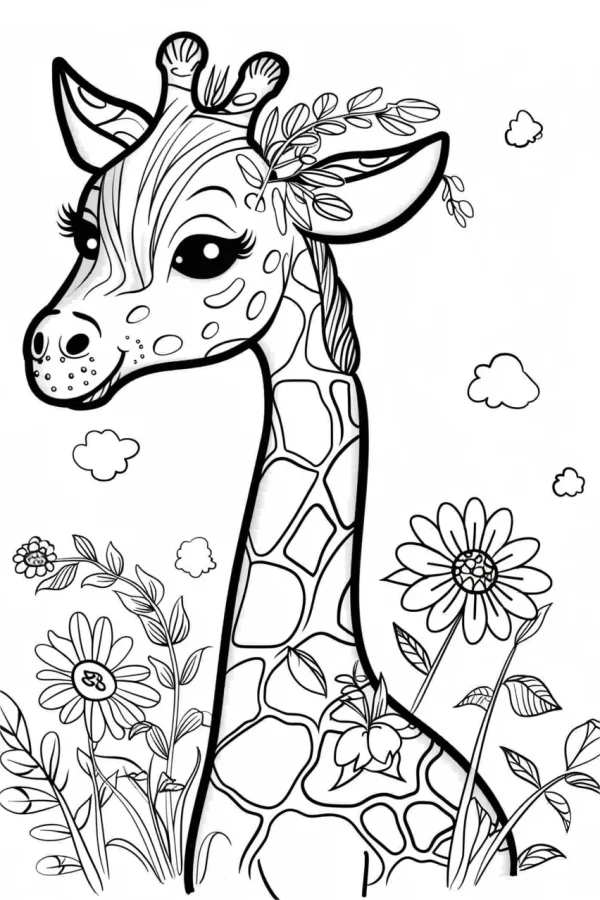 Cute cartoon giraffe with leaves on its head, surrounded by daisies — free printable innocence coloring book page