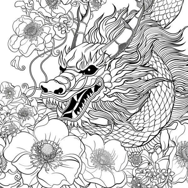 Chinese dragon surrounded by flowers, chinese style — free printable chinese style coloring book page