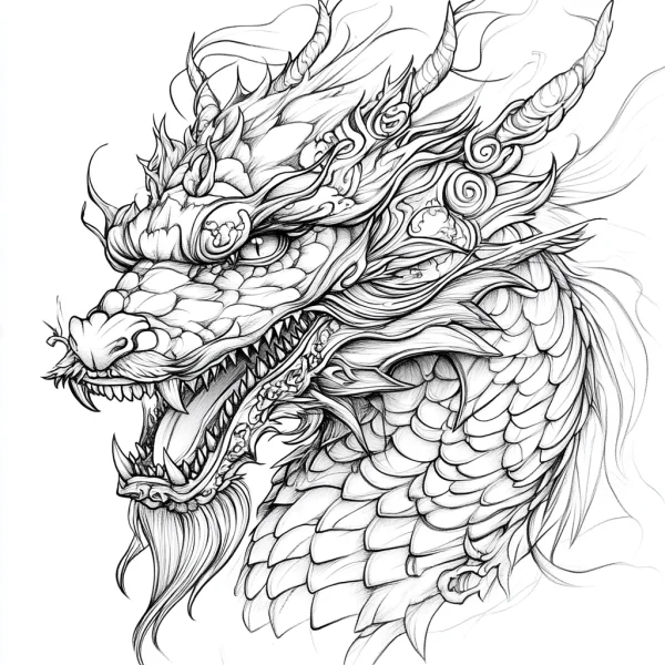 Detailed chinese dragon head, chinese traditional style — free printable chinese style coloring book page