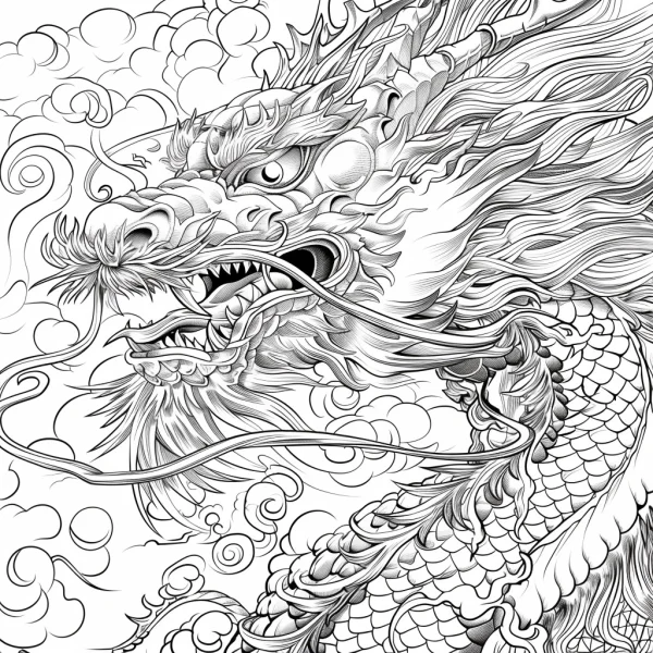 Detailed traditional chinese dragon head with scales, surrounded by swirling cloud patterns — free printable chinese style coloring book page
