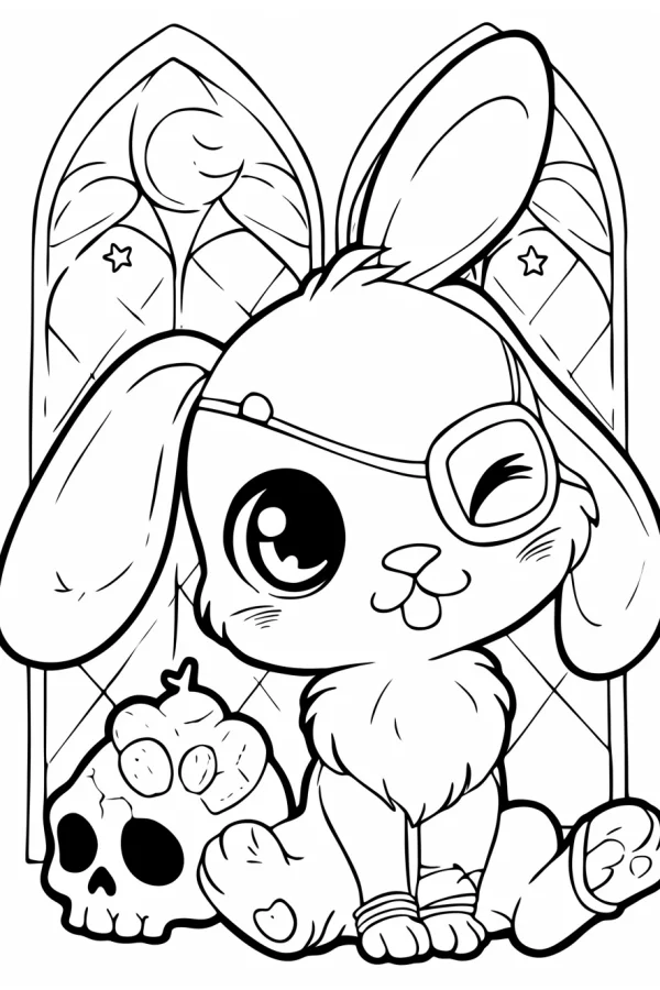 Cute cartoon bunny with a monocular eye patch, winking expression — free printable gothic coloring book page